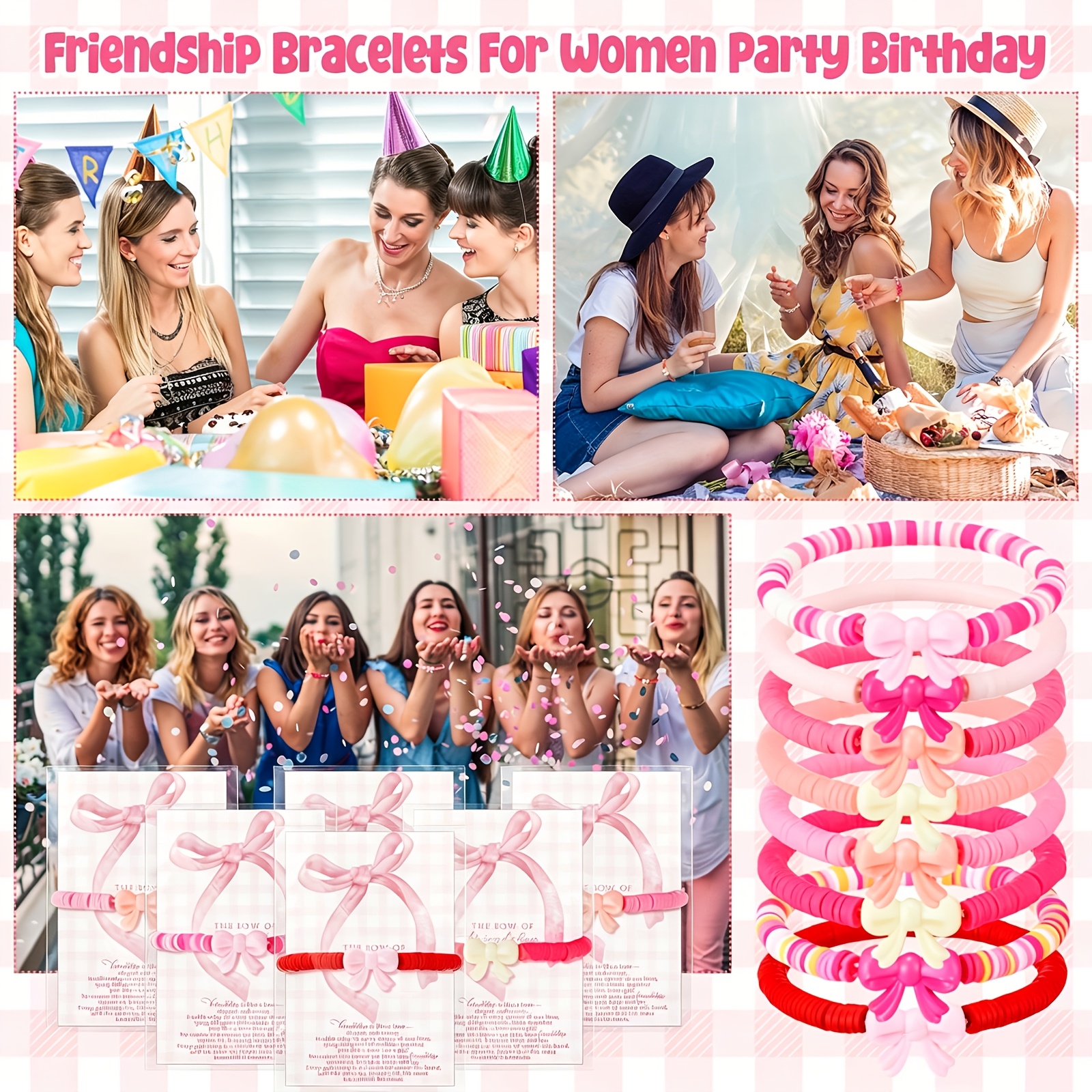 24pc Bow Friendship Bracelet Set, Pink & Multicolor Clay Beads